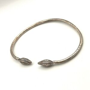 Vintage Sterling Silver Etched Bypass Cuff Bracelet Cocoa Pod Bud Finials